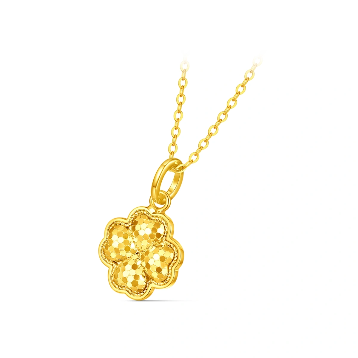 Sparkling Fish-Scale Heart & Four-Leaf Clover 999 Gold pendant