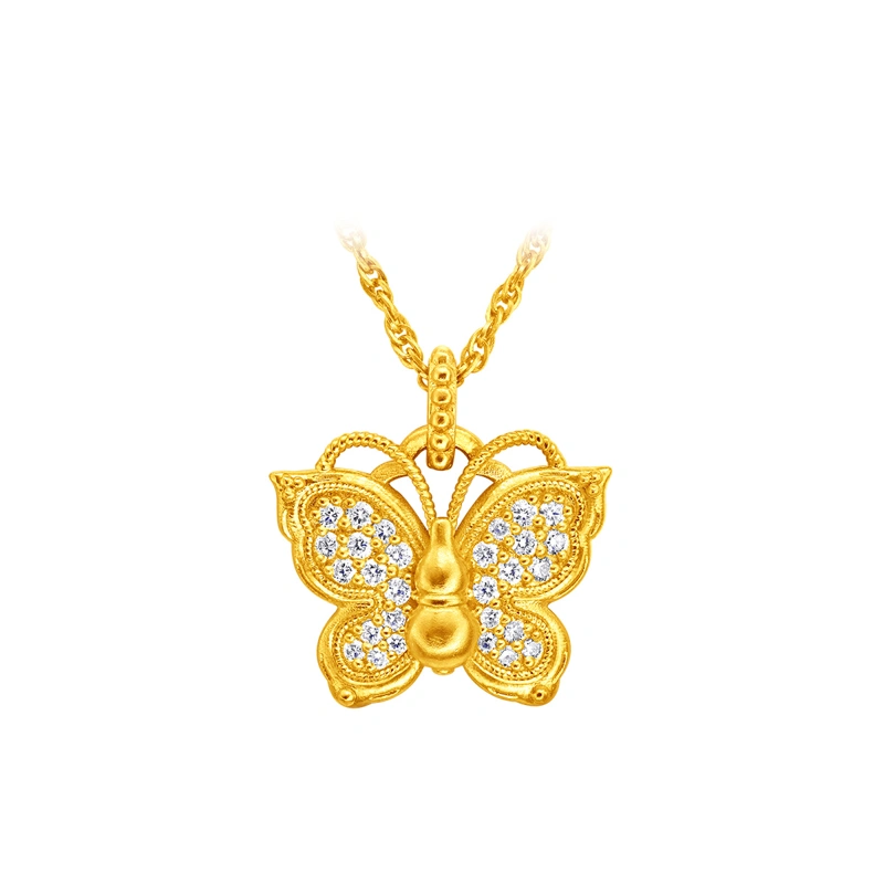 「玲瓏花蝶」999足金鑲天然鑽石頸鏈